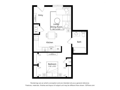 Floor plan for 1 bed, 1 bath, 576 sqft